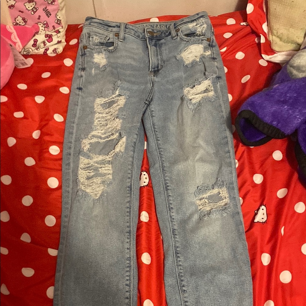 American Eagle Outfitters Blue Straight Leg Jeans with Distressed Details